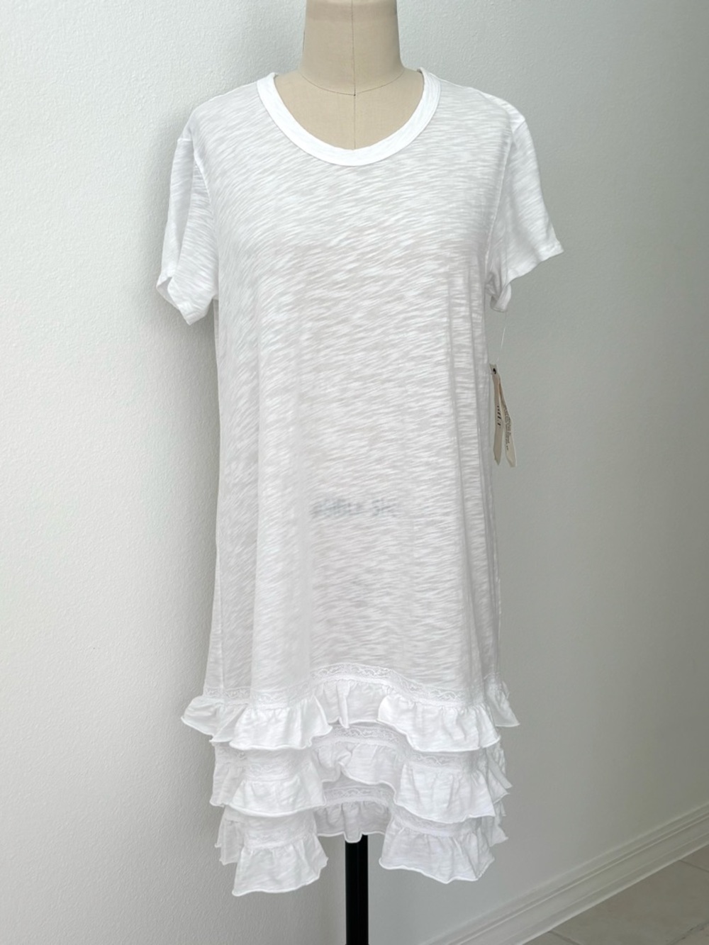 Wilt Mini T-Shirt Dress NWT White Ruffled Cotton S/S Crew Neck Cottagecore M
